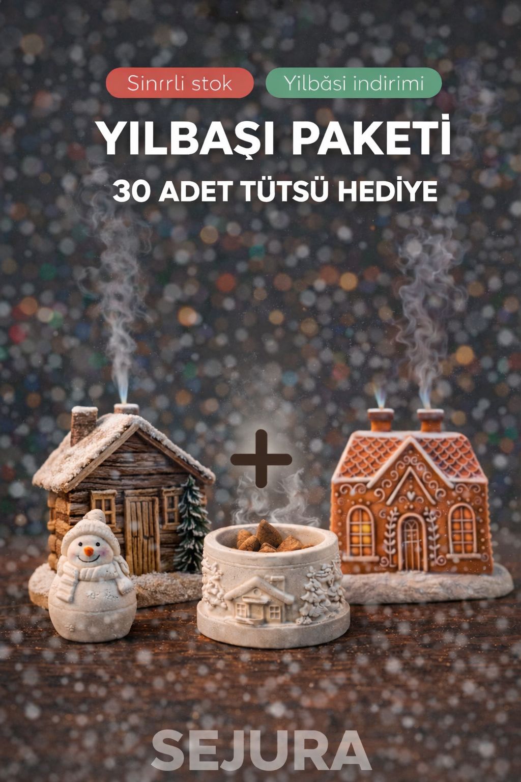 Karlı Ev Ve Kurabiye Ev Tütsülük ( 30'lu Tütsü Paketi , Tütsü Koyma Kabı ve  Kardan Adam HEDİYE )